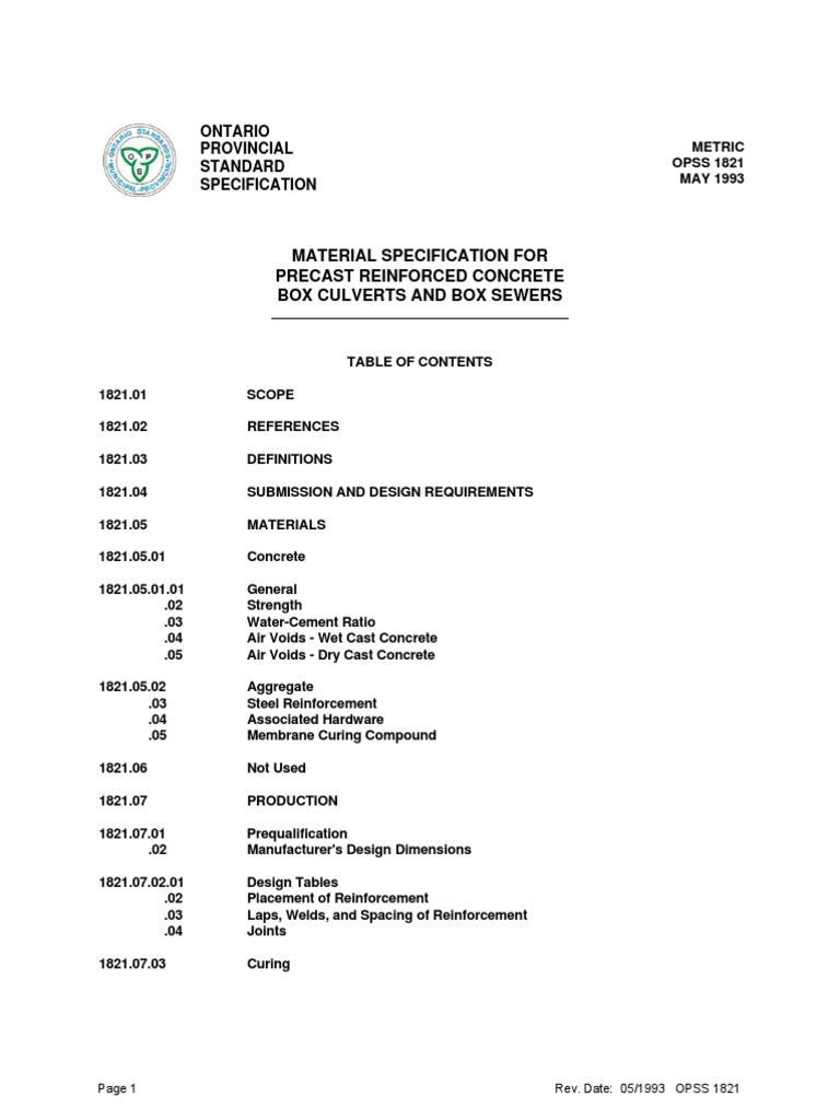 OPSS 1821 May93 | PDF | Concrete | Precast Concrete