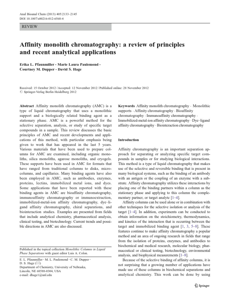 Affinity Monolith Chromatography A Review of Principles and Recent Analytical Applications PDF