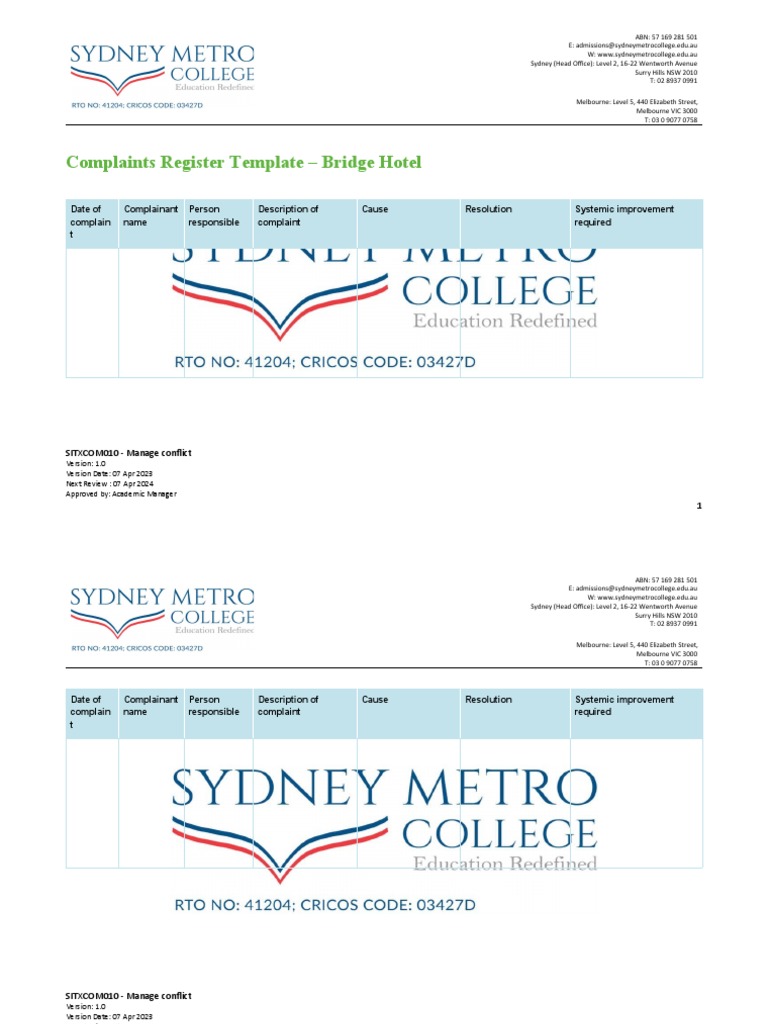 SITXCOM010 Complaints Register Template PDF
