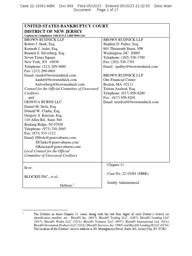United States Bankruptcy Court District of New Jersey: Counsel For The United States Bankruptcy Court District of New Jersey: Counsel For The