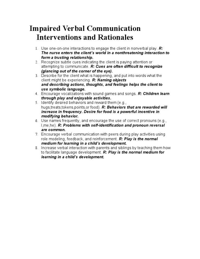 Impaired Verbal Communication Interventions and Rationales PDF