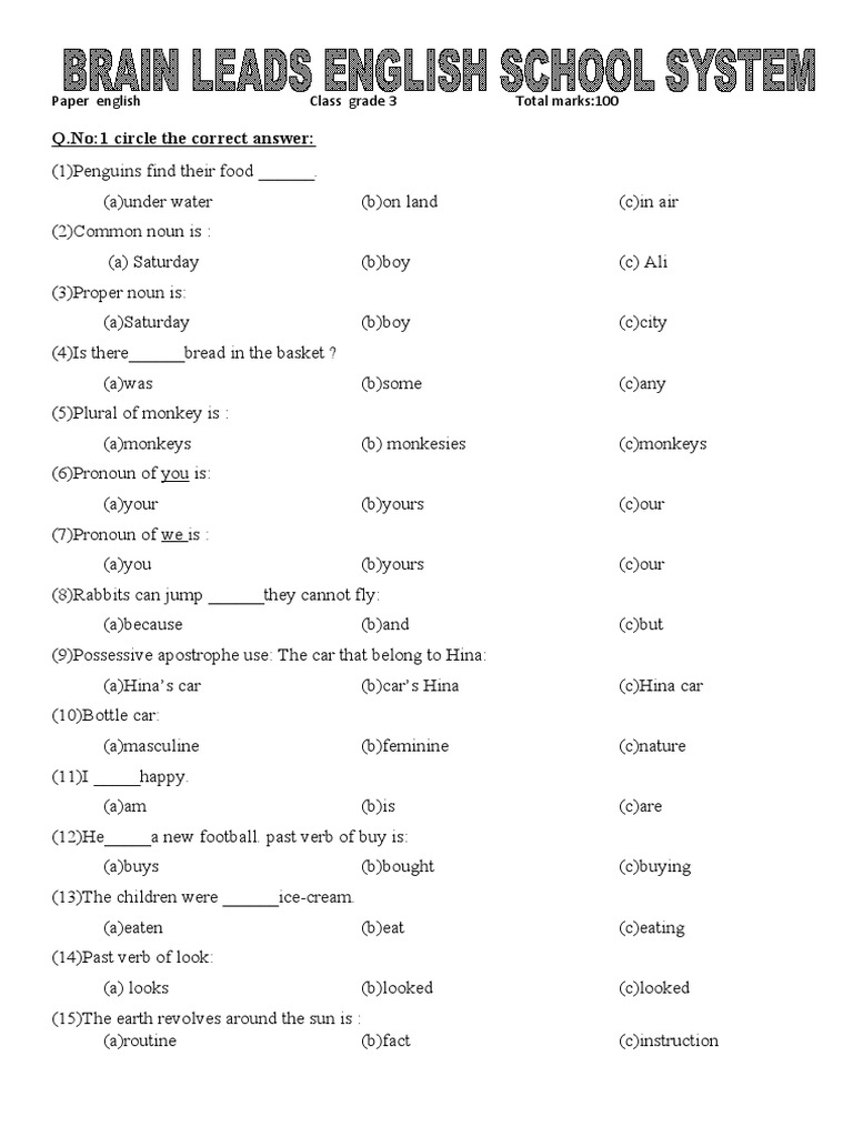Paper Grade 3 English PDF Grammatical Gender Morphology