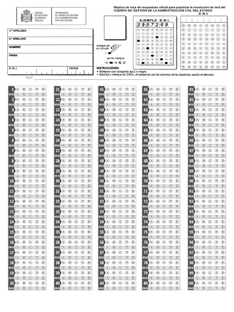 Plantilla de Respuestas de TEST CEEP | PDF