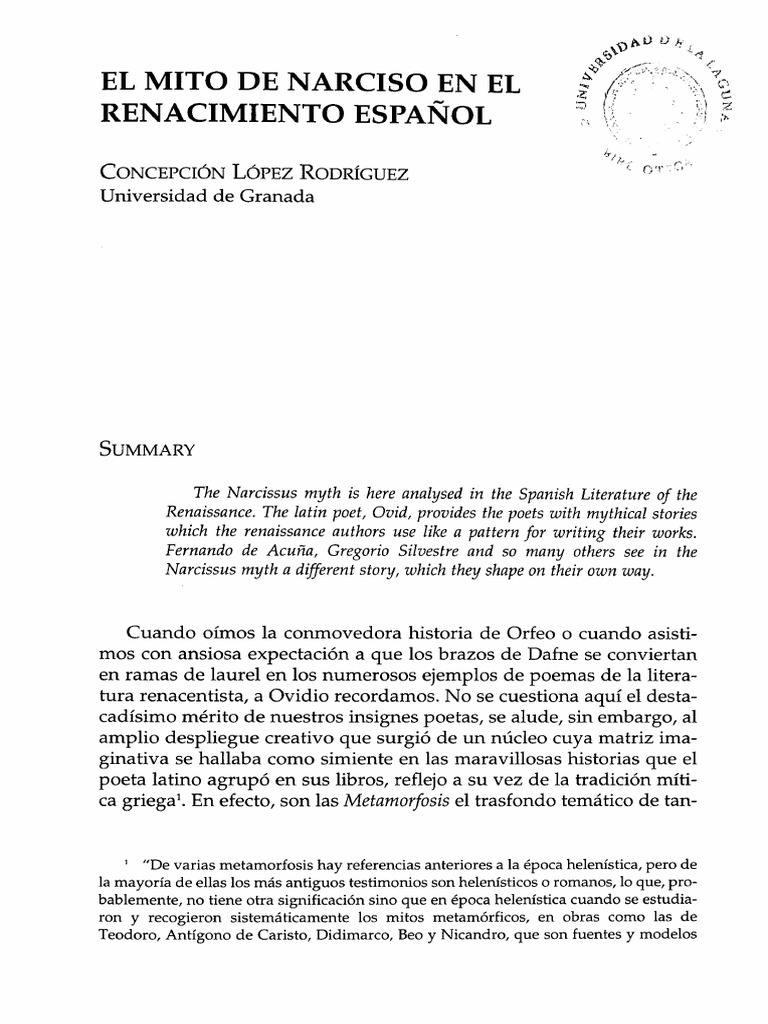 El Mito De Narciso En El Renacimiento Es Pdf Poesía Renacimiento
