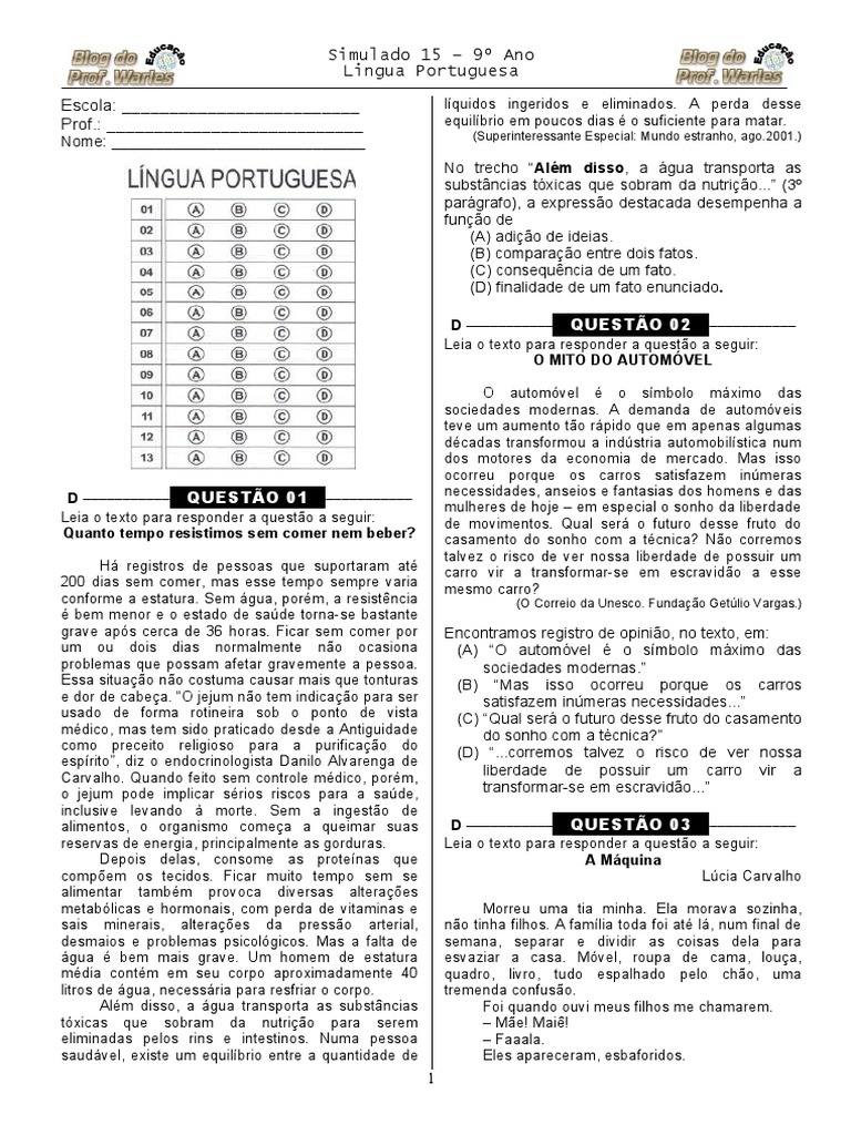 Simulado 15 (Port. 9º Ano - Blog Do Prof. Warles) | PDF | Carro | Amor