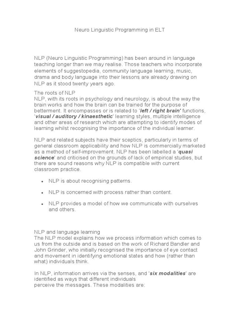 NLP Techniques for Effective Language Teaching | PDF | Neuro Linguistic ...