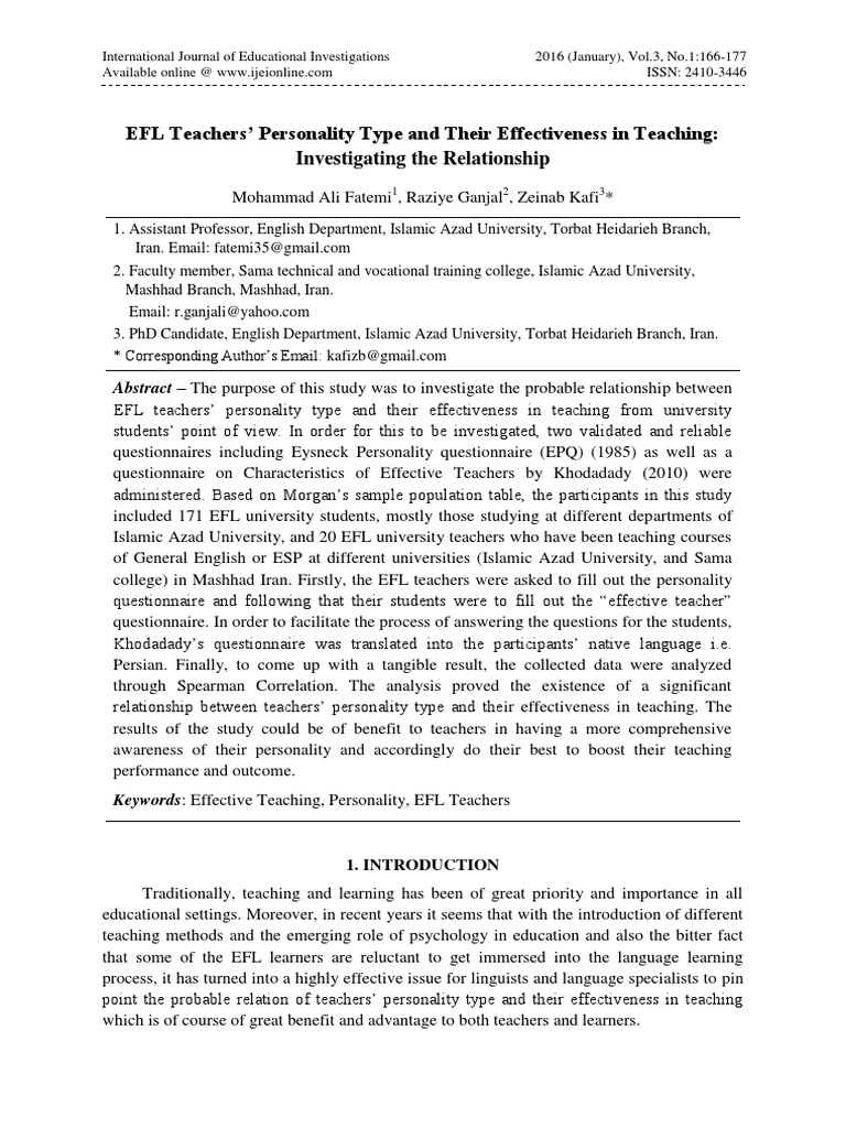 EFL Teachers Personality Type and Their | PDF | Extraversion And ...
