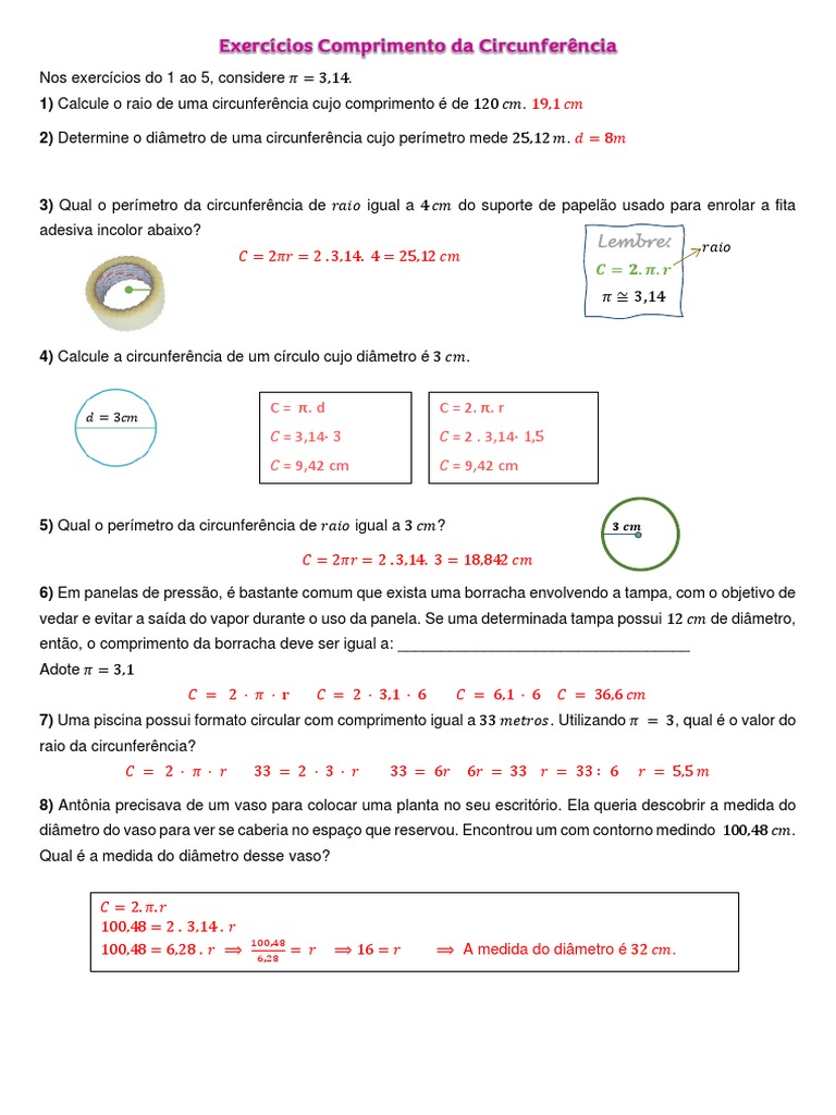 Exercícios sobre Comprimento da Circunferência | PDF