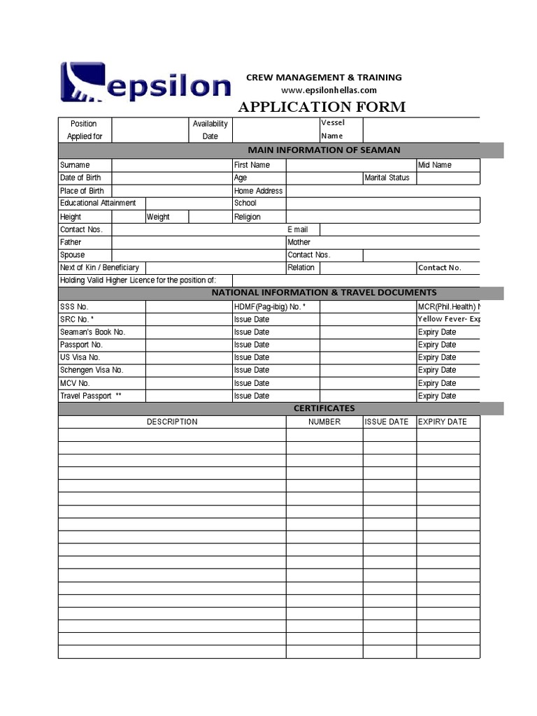 Epsilon Crew Management Application Form | PDF | Ships | Oil Tanker