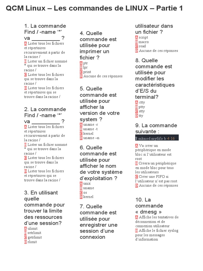 Quiz Commandes Linux - Partie 1 | PDF | Linux | Kernel (Système d ...