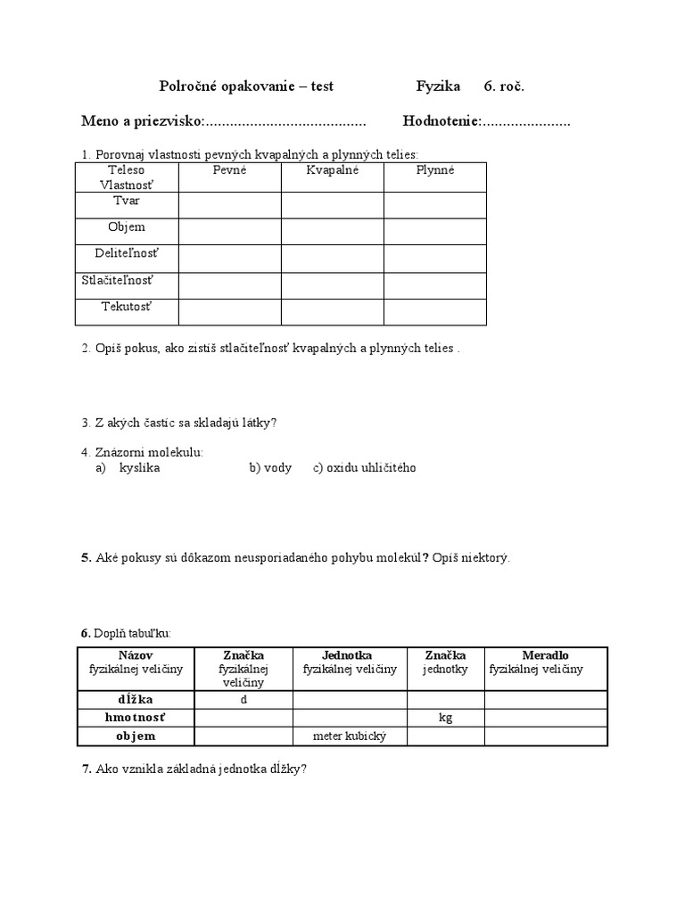 Polročný Test - 6. Ročník | PDF