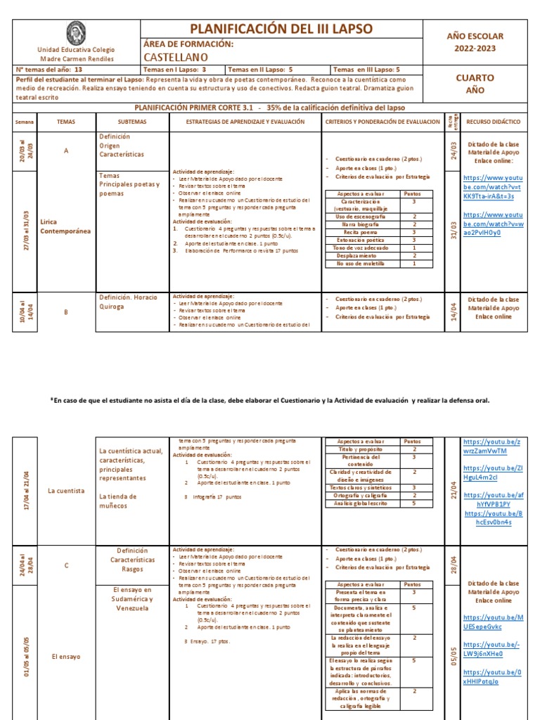 Planificación Castellano 4to Año III Lapso | PDF | Evaluación ...