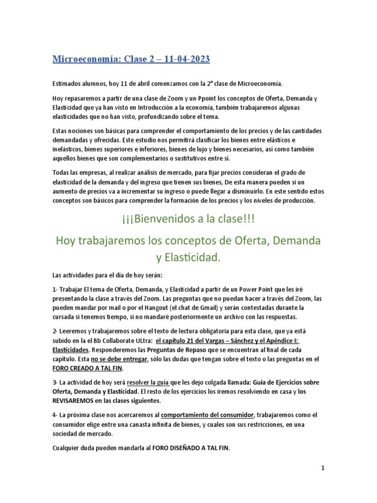 Oferta, Demanda y Elasticidad en Microeconomía | PDF | Oferta y demanda ...