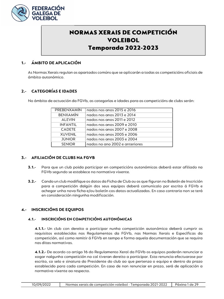 Normas Xerais de Competición de Voleibol FGVB 22-23 | PDF