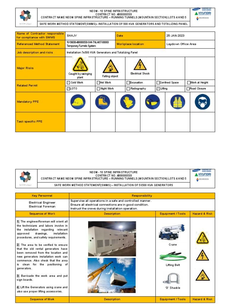 SWMS FOR INSTALLATION OF 5x500 KVA GENERATORS AND TOTALIZING PANEL 25. ...