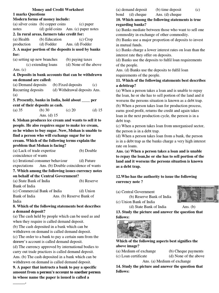 MONEY AND CREDIT Worksheet - 1639023786 | PDF | Loans | Banks