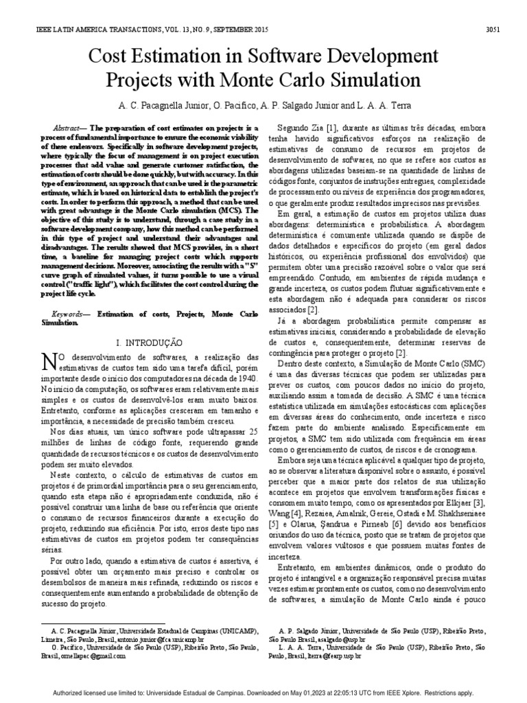 Cost estimation in software development projects with monte carlo