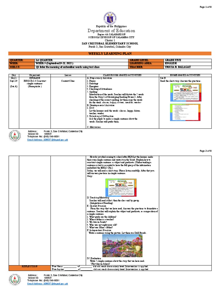 Grade 5 Weekly Learning Plan: English | PDF | Teachers | Communication