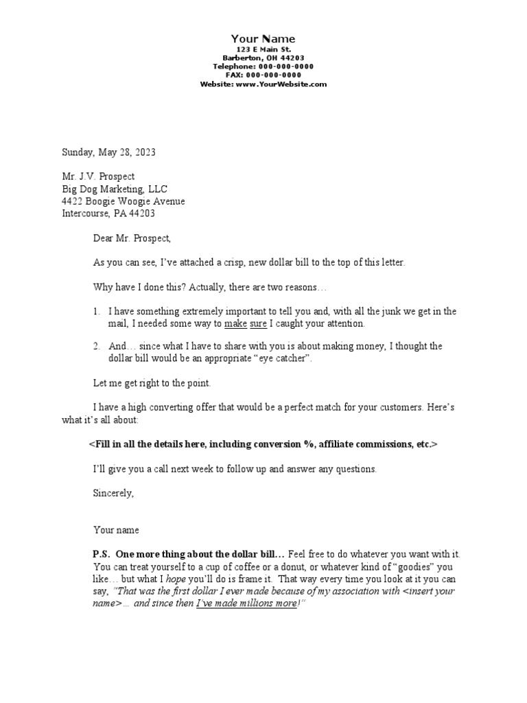 Creative Dollar Bill Marketing Letter | PDF