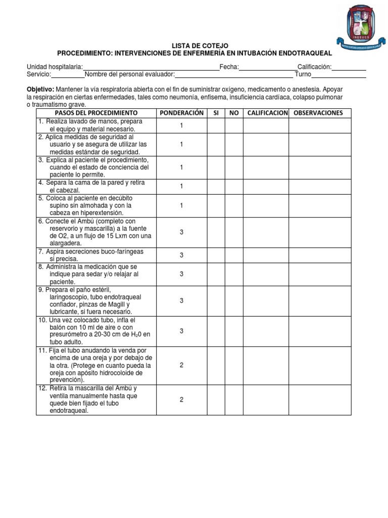 Checklist para Intubación Endotraqueal | PDF | Medicina CLINICA ...