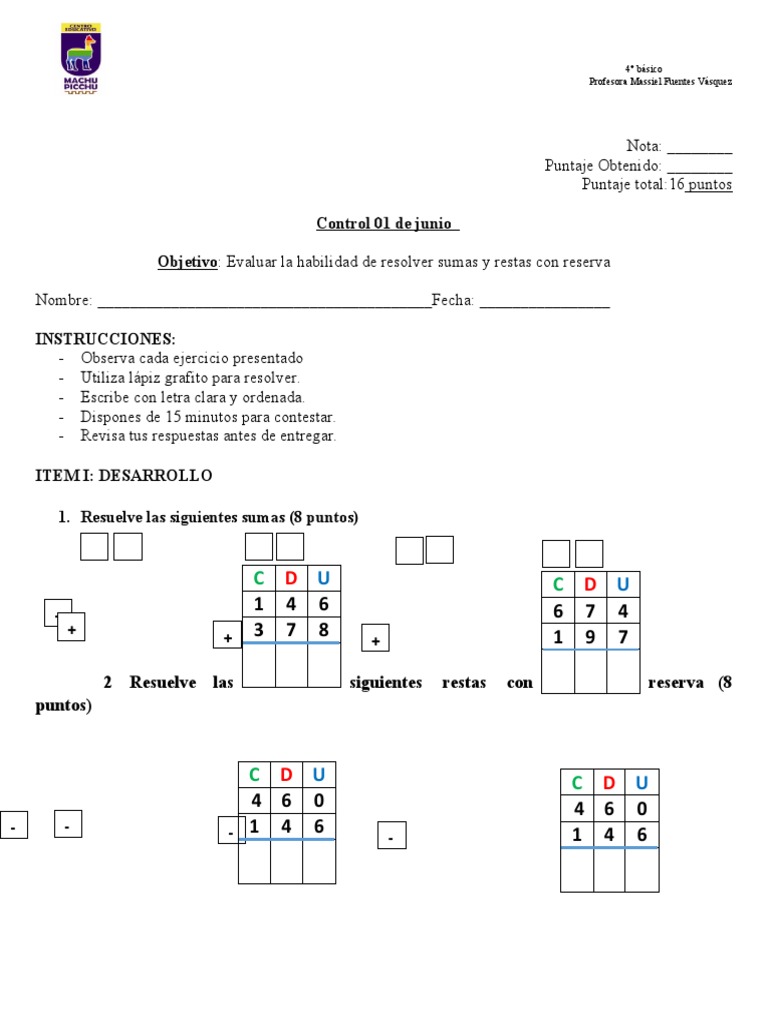 control sumas y restas con reserva | PDF