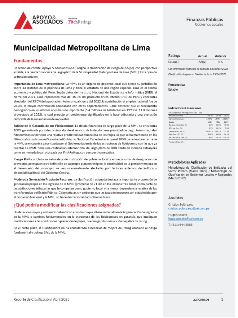 La calificación crediticia y las deudas de la Municipalidad de Lima