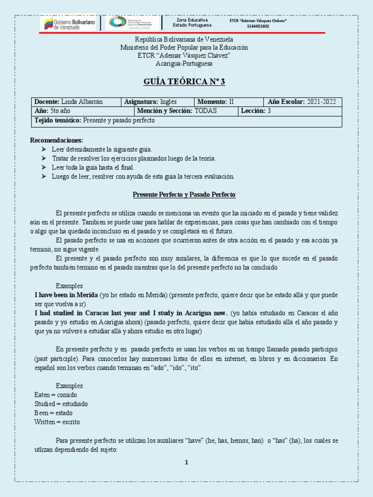 5to Año - Guia Teorica Numero 3 de Ingles - II Momento | PDF | Verbo ...