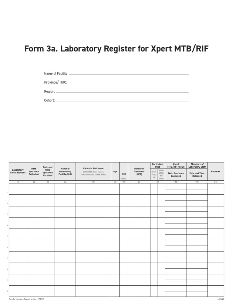 Xpert MTB/RIF Laboratory Register Form | PDF