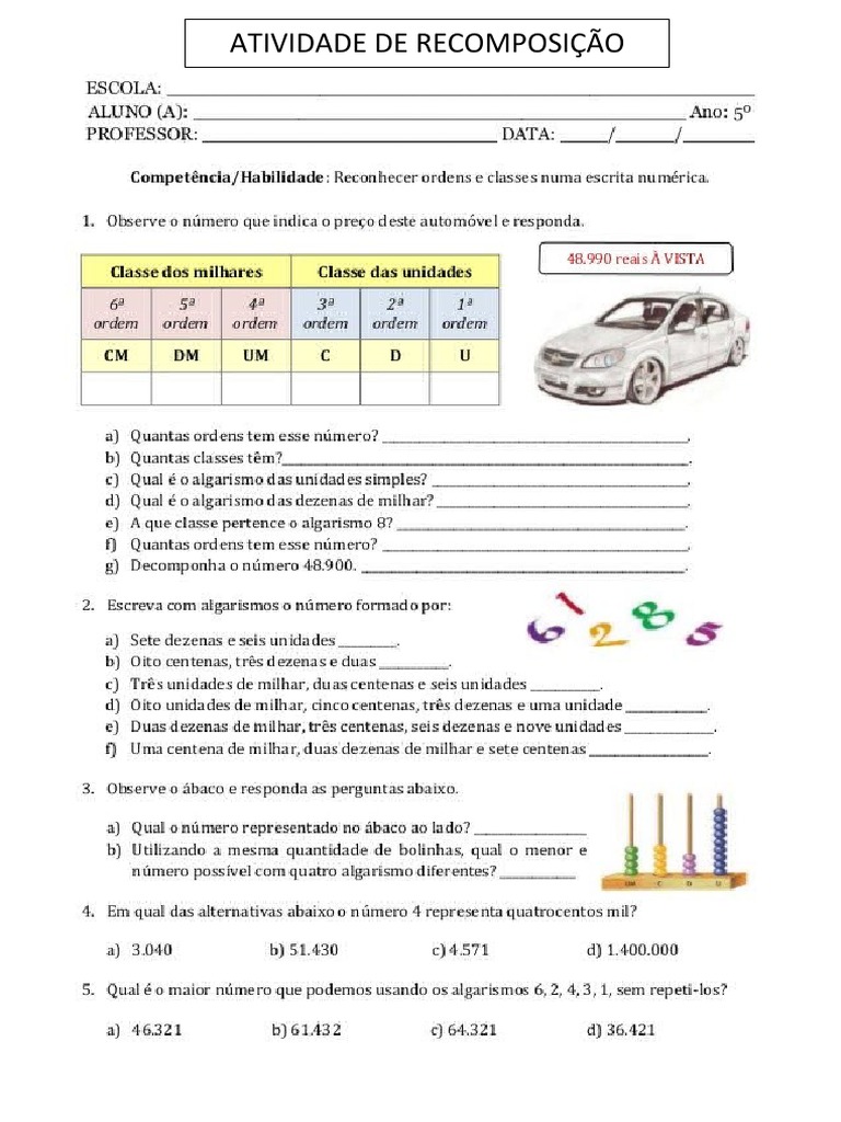 Atividade de Recomposição Matematica | PDF