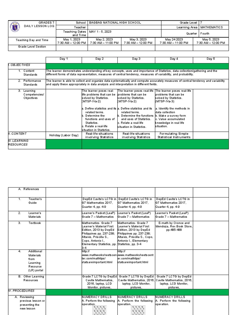 Grade 7 Math Lesson Plan: Statistics | PDF | Statistics | Survey ...