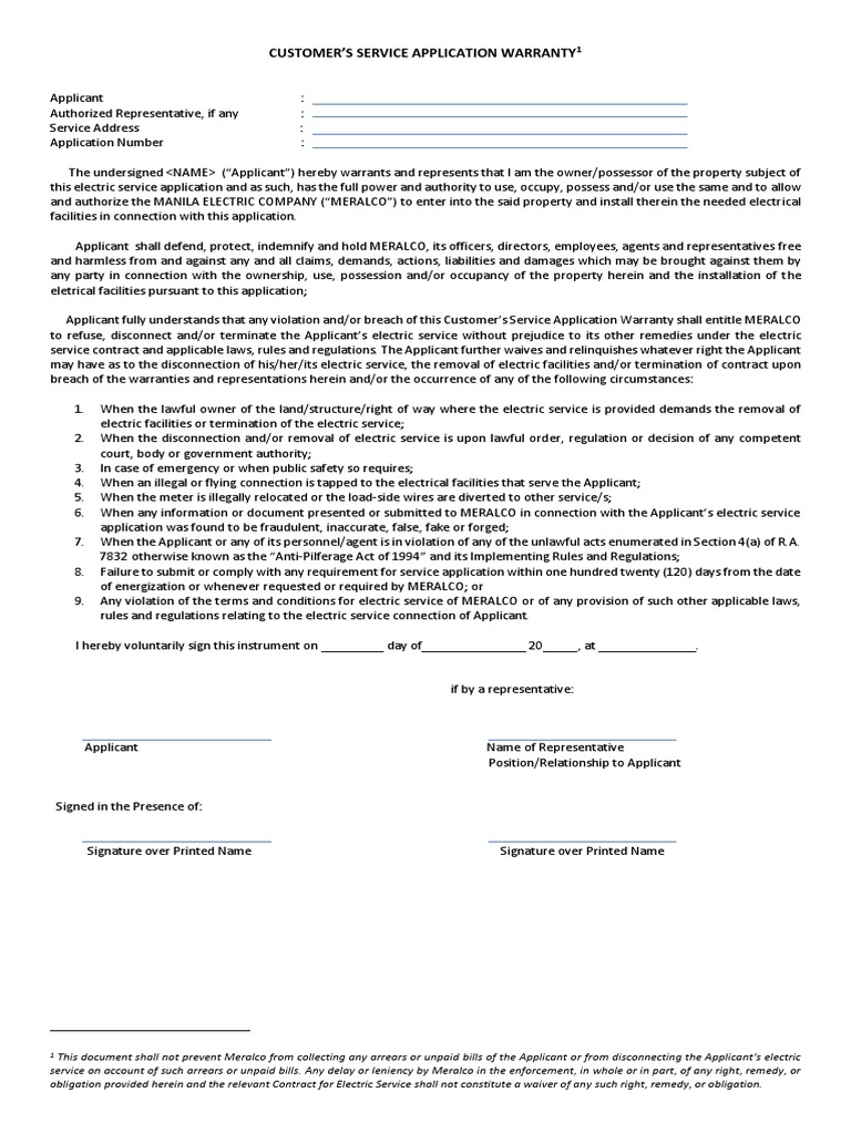 Customer's Service Application Warranty Meralco PDF Breach Of