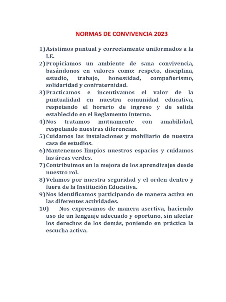 Normas de Convivencia Escolar 2023 | PDF