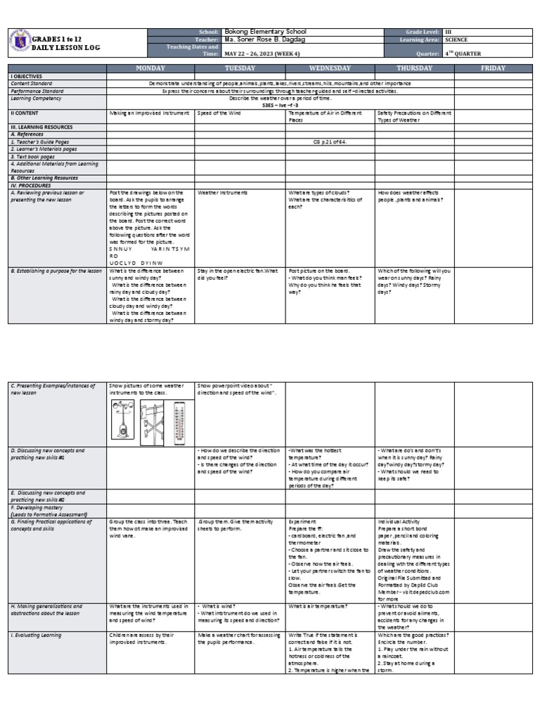 Grade 3 Weather Lesson Plan | PDF | Learning | Weather