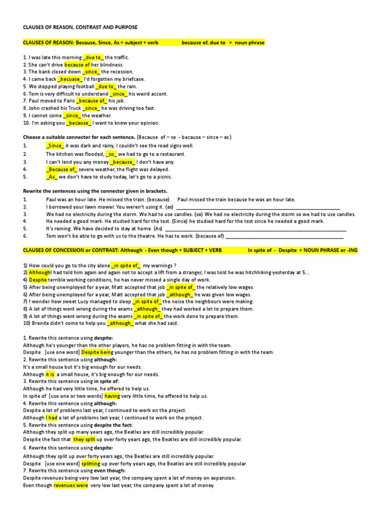 Clauses of Concession Reason Purpose Exercise PDF Sentence
