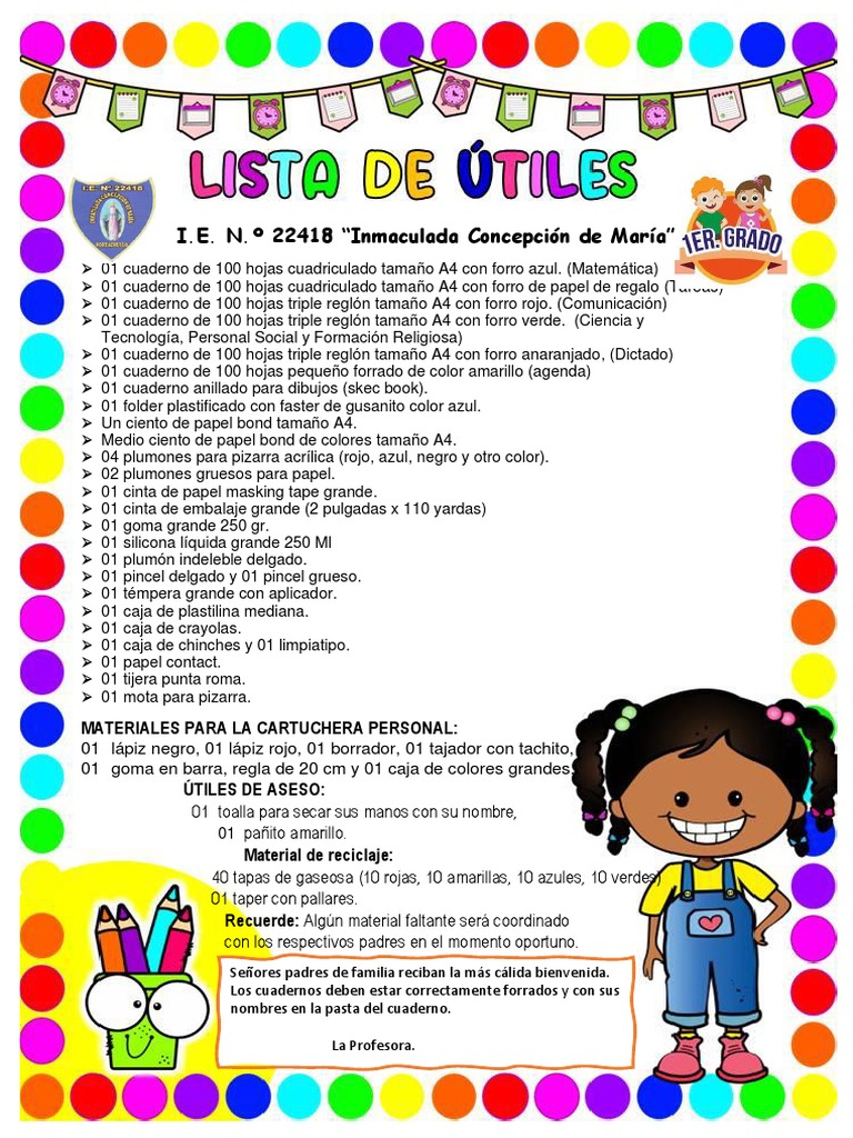 Lista de útiles para 2do grado primaria | PDF