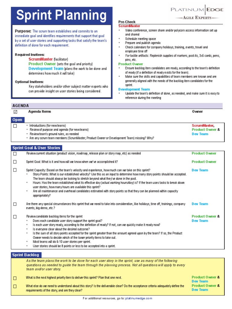 Sprint Planning Checklist Platinum Edge Pdf Scrum Software