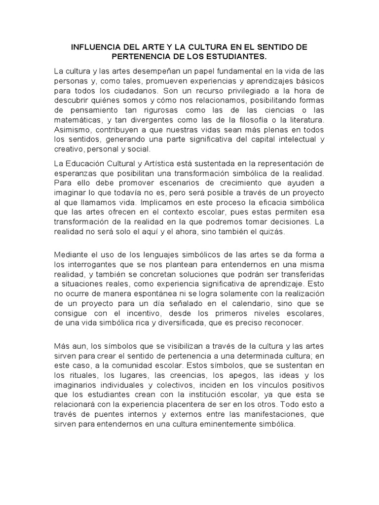 Influencia Del Arte y La Cultura en El Sentido de Pertenencia de Los ...