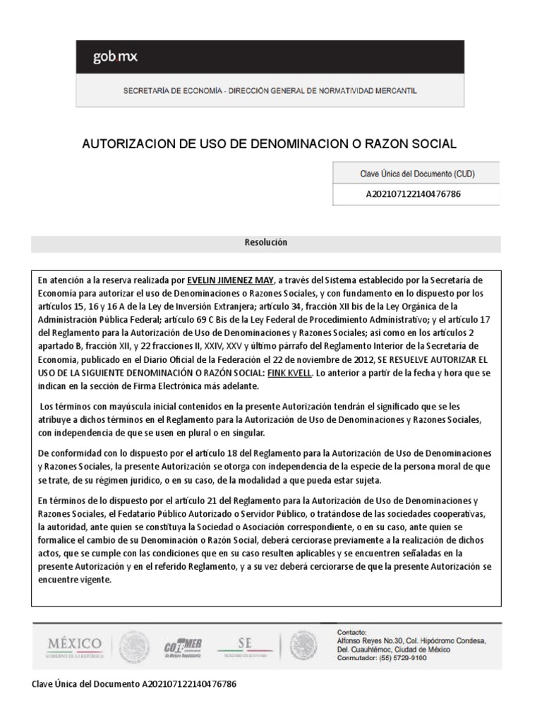 Autorizacion de Uso de Denominacion o Razon Social | PDF | Sociedad de ...