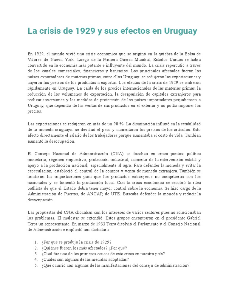 La Crisis de 1929 y Sus Efectos en Uruguay | PDF | Gran depresion | Uruguay