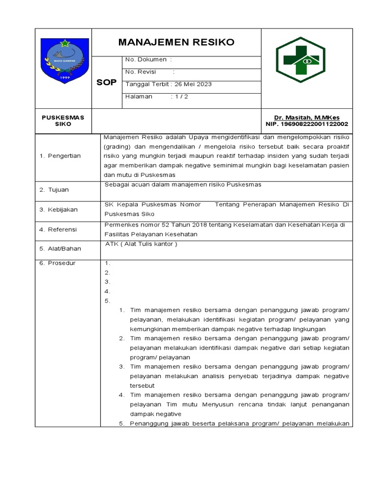 5.2.1 Sop Manajemen Resiko | PDF