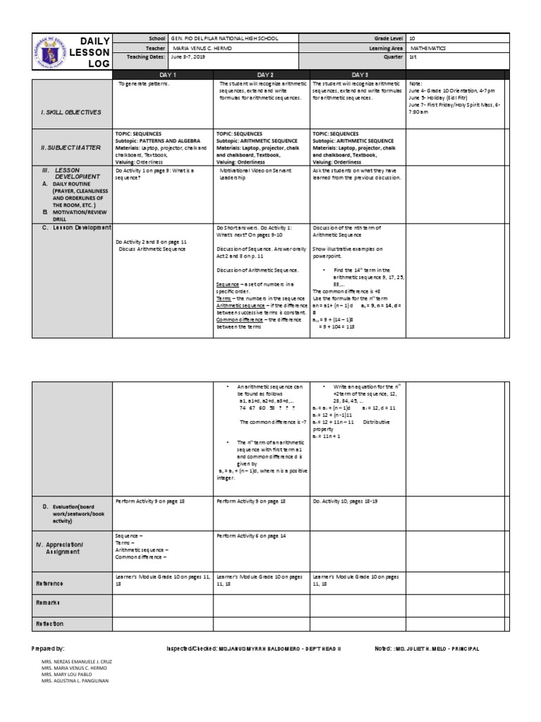 Grade 10 Math Lesson Plan: Sequences | PDF