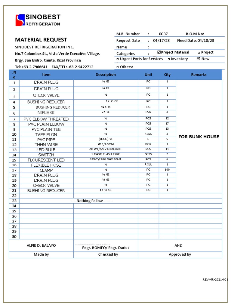 Material Request Sinobest Refrigeration Inc PDF Home Building