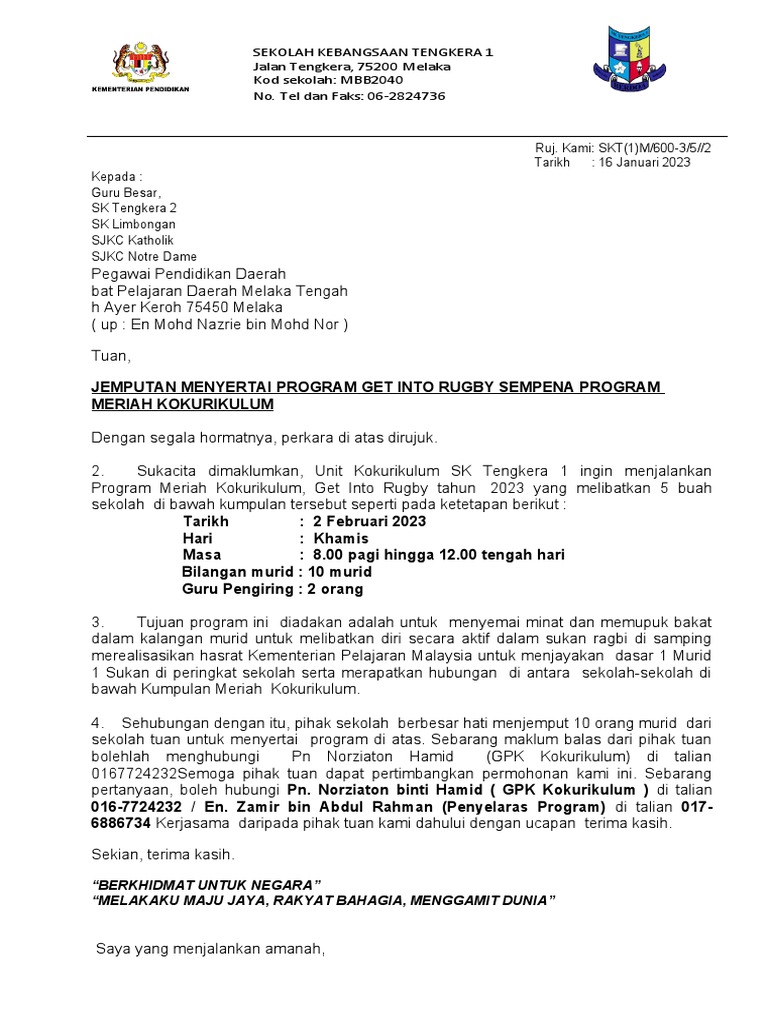 Surat Jemputan Menyertai Klinik Ragbi | PDF