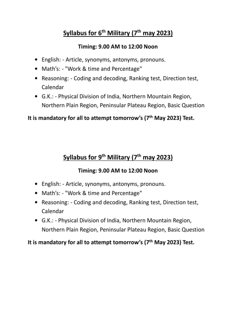 Syllabus For Military Test 7th May | PDF