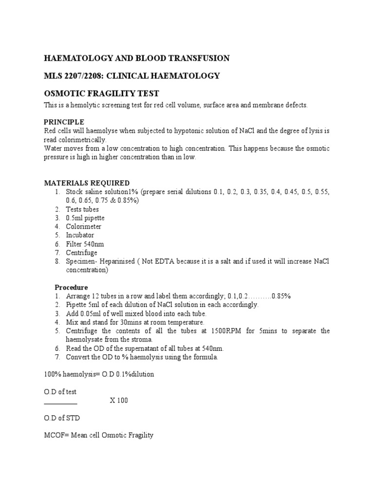Osmotic Fragility Test in Hematology | PDF | Coagulation | Blood Plasma