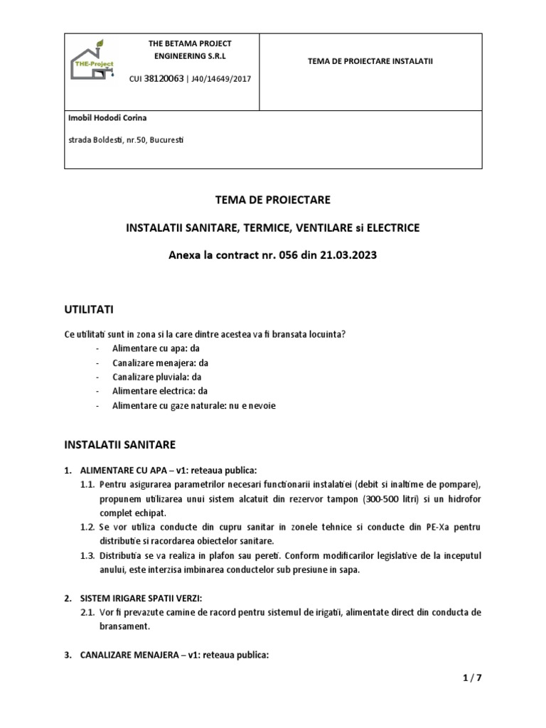 Tema Proiectare INSTALATII - Imobil | PDF