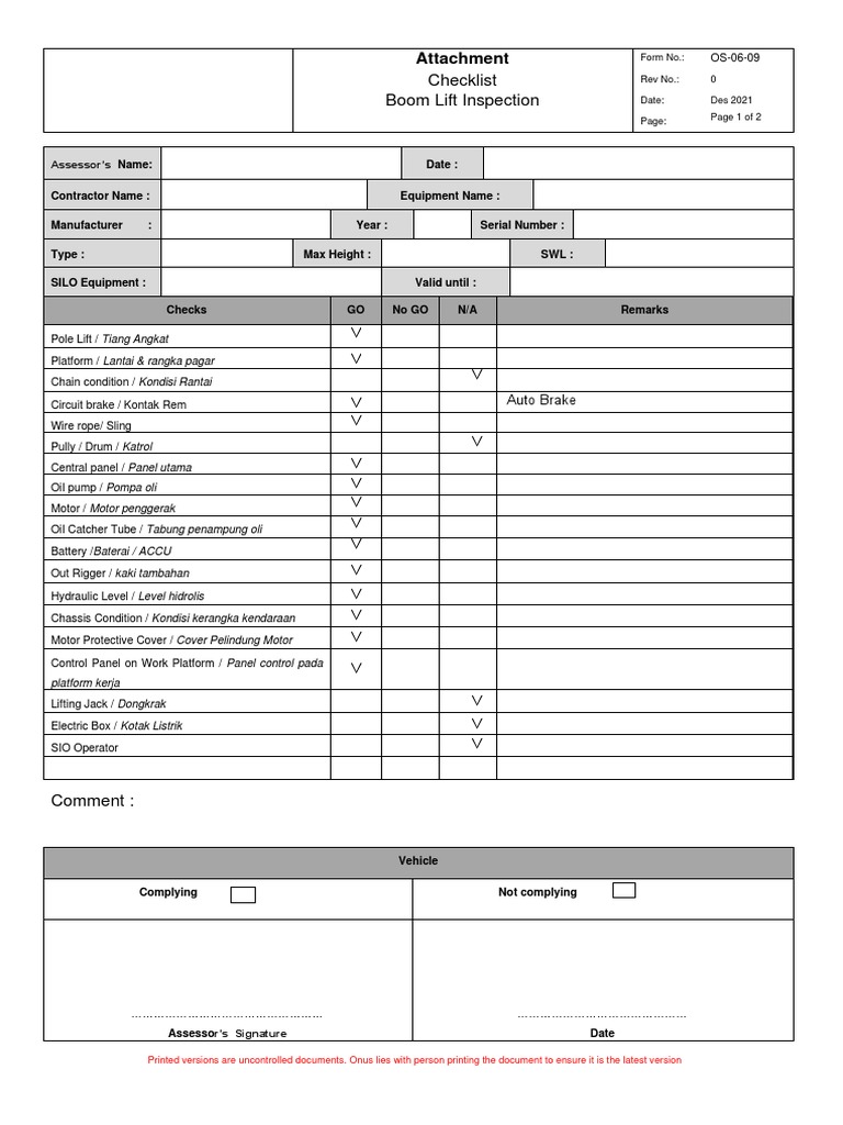 Boom Lift Checklist PDF Land Vehicles Transport