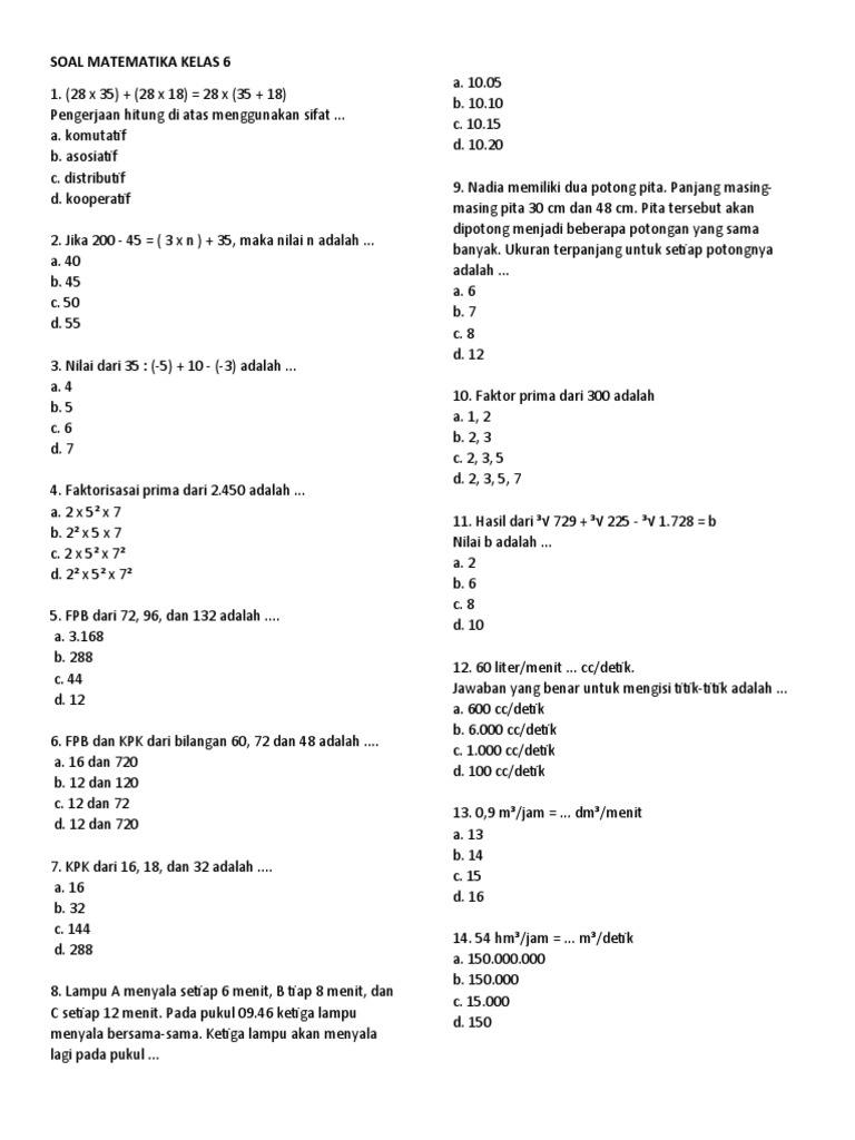 Soal Matematika Kelas 6 | PDF