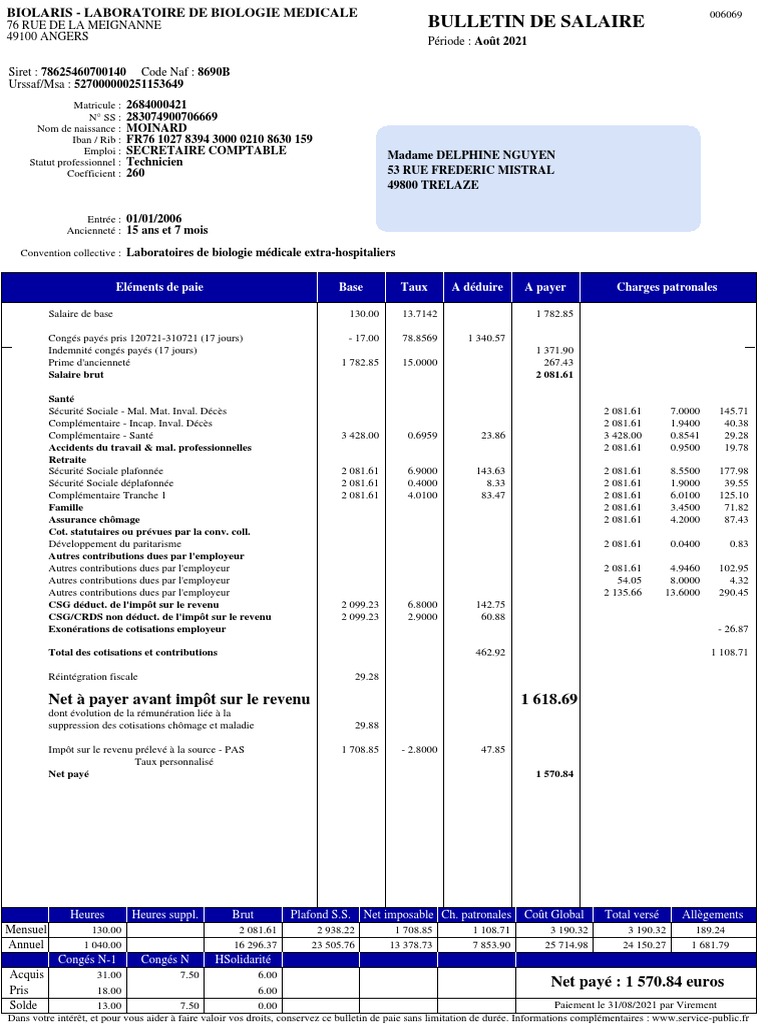 Bulletin de salaire d'août 2021 | PDF | Impôt sur le revenu | Bulletin ...