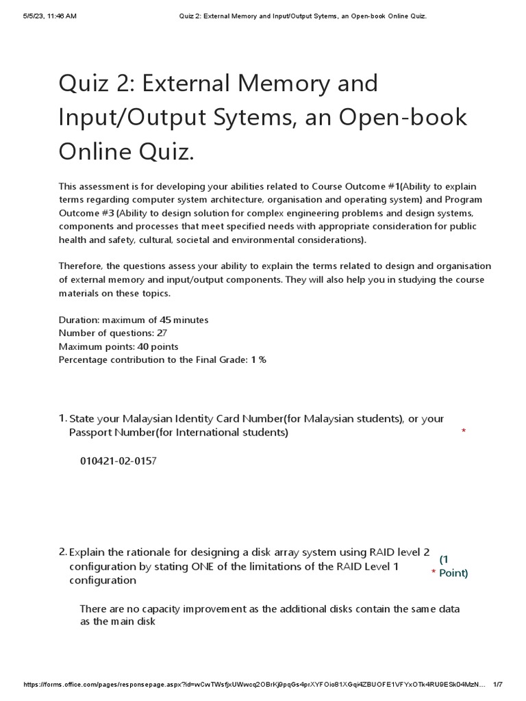 Quiz 2 external memory and input output sytems an open book online